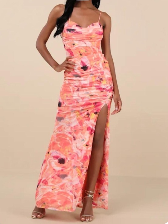 Lulus Dresses & Skirts - Lulu's Coral Pink Printed Ruched Maxi Dress with Slit